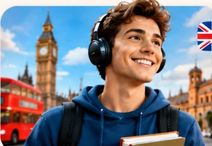 Estudante de inglês com cenário de Londres