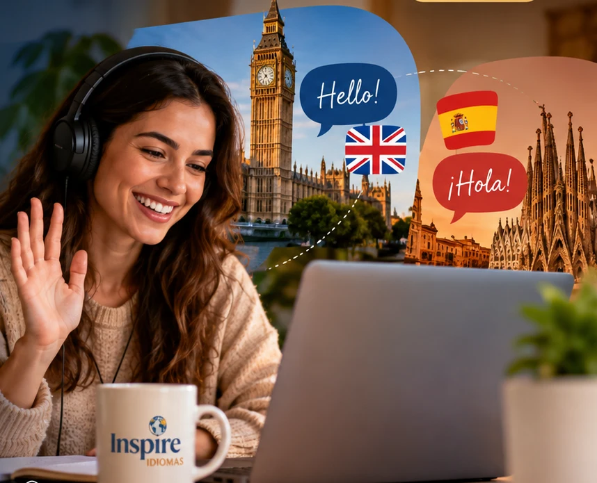 Aluna participando de uma aula online com referências culturais ao inglês e espanhol