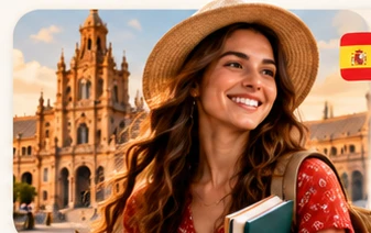 Estudante de espanhol com arquitetura espanhola